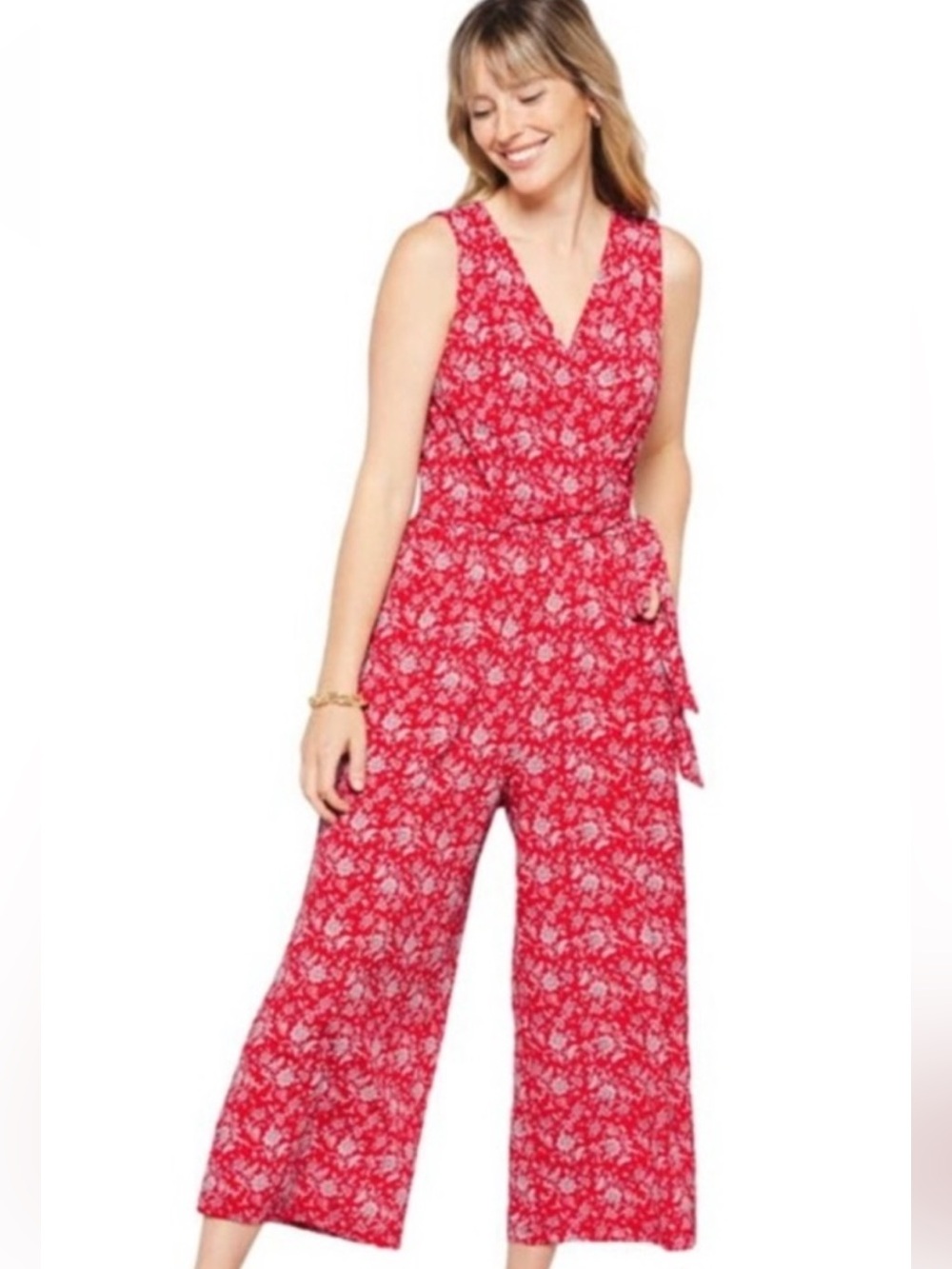 kaileigh Sleeveless Red Floral Wide-Leg Jumpsuit
